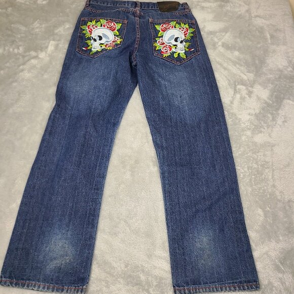 Vintage Don Ed Hardy Skull & Roses Embroidered Baggy Dark Denim Jeans Mens 32X34 - Picture 8 of 11